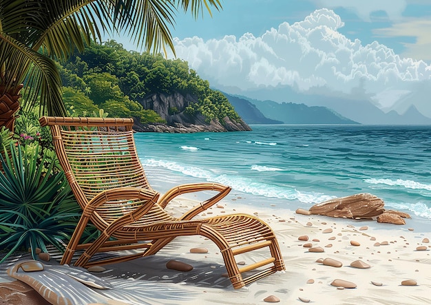 a chair that is outside on a beach with a palm tree