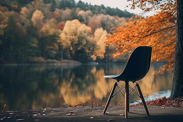 A chair that was on the shore of a lake in the background an autumn forest