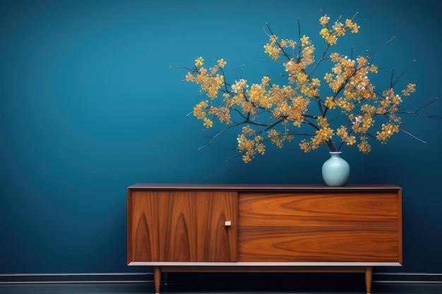 A chair and a vintage Scandinavian wooden cabinet are placed close to a dark blue wall.