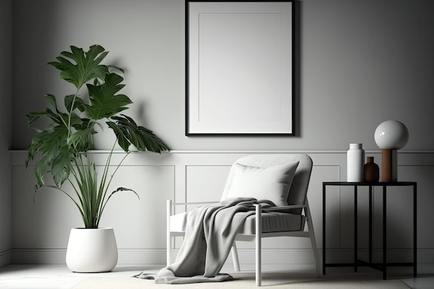 A chair in a white room with a plant on the wall.