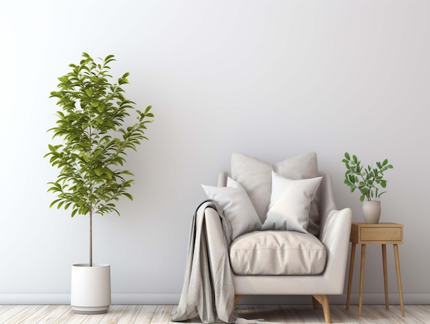 Chair white and tree in living room minimal interior white wall with copy space