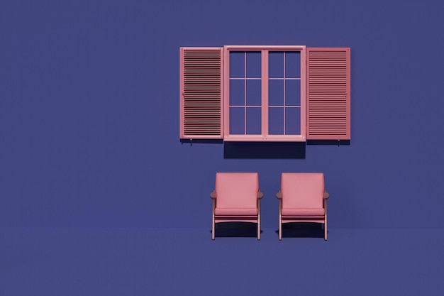 Chair and window on the wall concept in pink and purple blue color. Light background with copy space