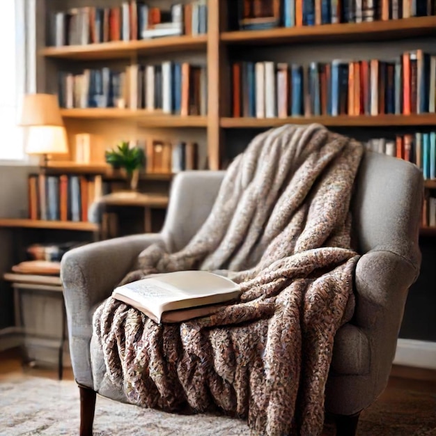 a chair with a blanket on it and a book on the back of it