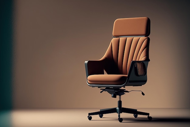 A chair with a brown leather seat and the word chair on it.