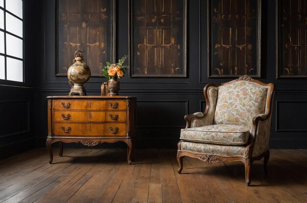 Photo a chair with a floral pattern on it sits in front of a chair with a floral print on it