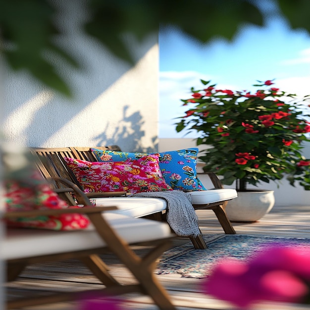 Photo a chair with a flowered rug and a flower pot on the deck