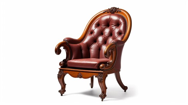 A chair with a leather seat and a scrolled back