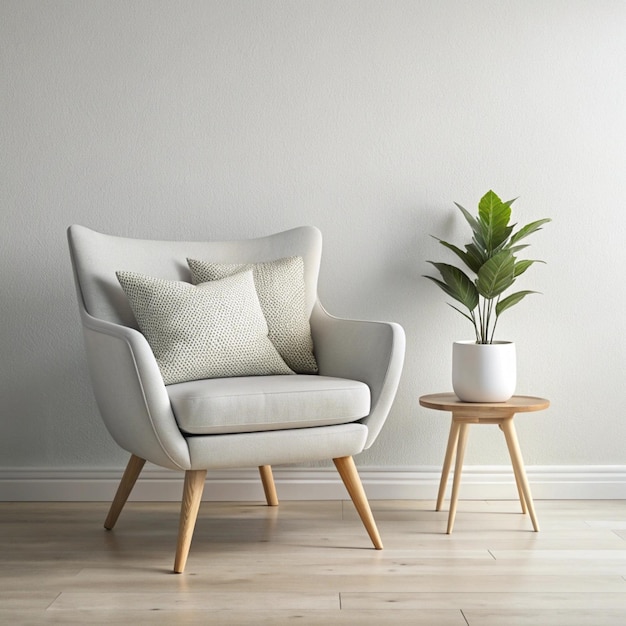 A chair with a pillow on it in front of a white wall