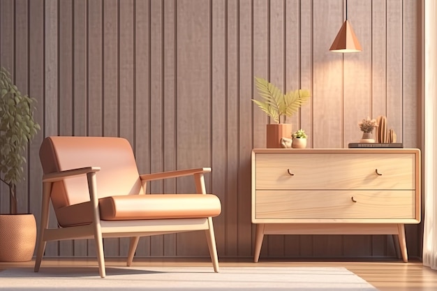 A chair with a pink cushion sits in front of a wooden dresser.