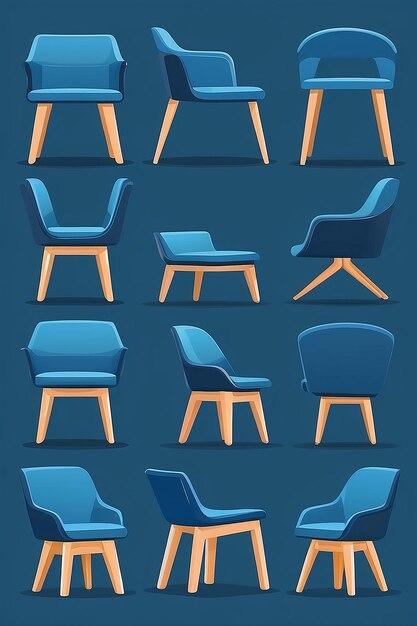 Photo chair with various perspectives front side angles blue furniture flat design for interior design vector illustration