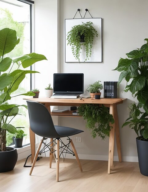 Chair at wooden table with computer monitor and plants in grey spacious home office interior