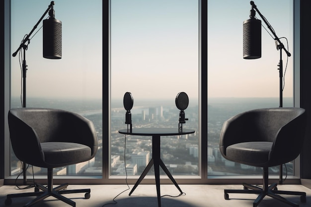 Chairs in a room with a large window overlooking a city.