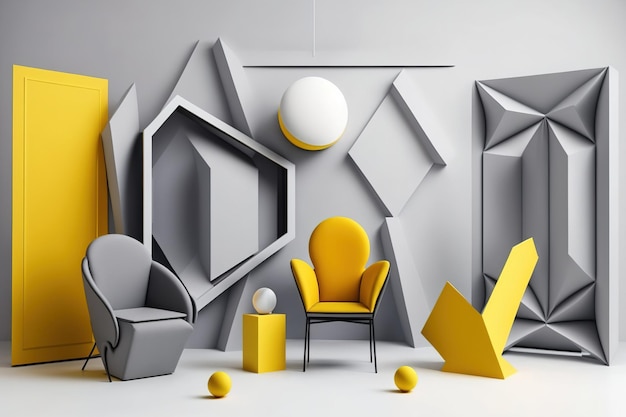 Chairs a sofa and an armchair in yellow and gray against a white background enclosed by a geometric pattern installation art minimalistic idea a mockup