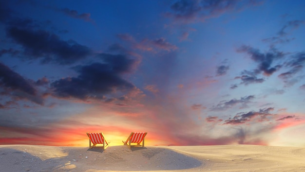 Chairs In sunset Beach. colorful twilight sky