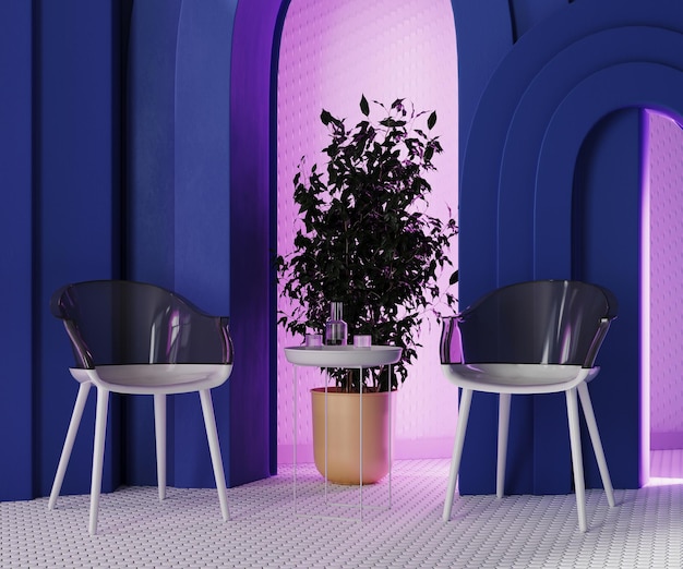 Chairs and table in modern room with blue arches pink neon light and white mosaic tiled floor 3d render