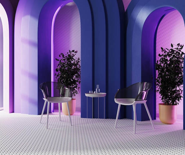 Chairs and table in modern room with blue arches pink neon light and white mosaic tiled floor 3d render