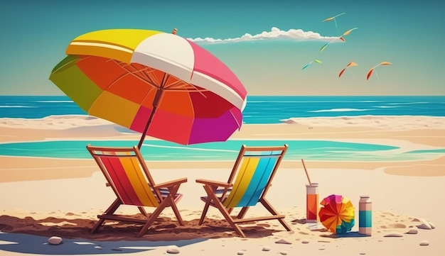 Chairs and umbrella on the beach on island vacation holidayGenerative AI