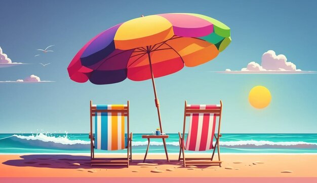 Chairs and umbrella on the beach on island vacation holidayGenerative AI