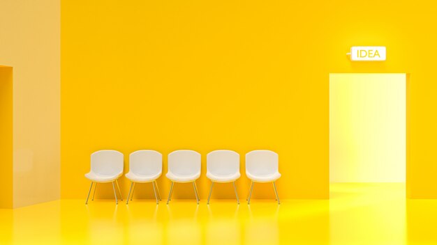 Chairs in a yellow room with bright light at the door