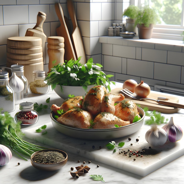 Chakhokhbili Chicken with Herbs on Marble Counter