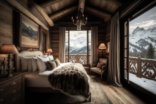 Chalet bedroom with luxurious kingsize bed and scenic mountain view created with generative ai