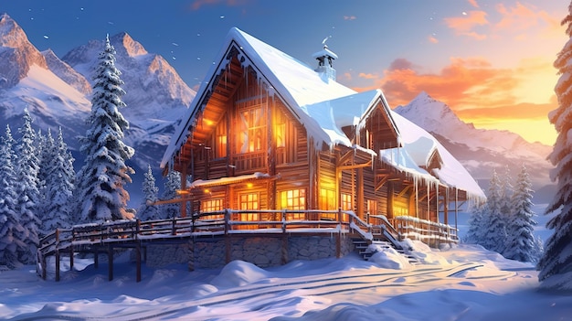 Chalet house in the mountains in winter Generative ai