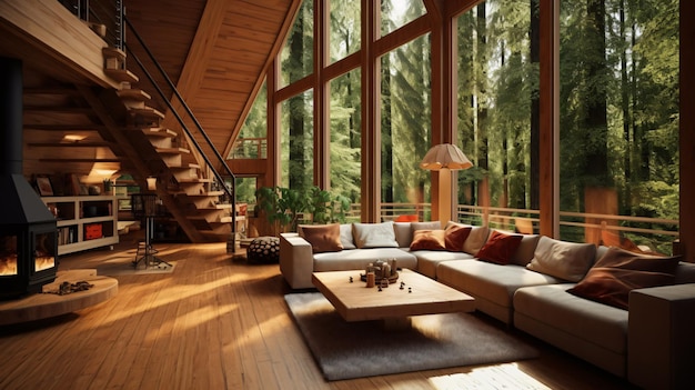 Chalet interior design of modern living room in wood