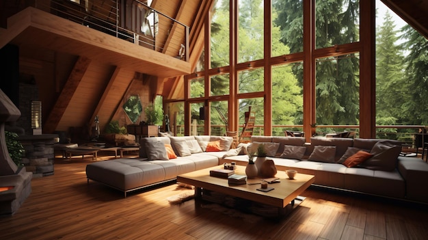 Chalet interior design of modern living room in wood