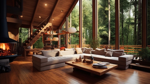 Chalet interior design of modern living room in wood