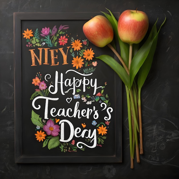 Photo a chalk board with flowers and an apple on it