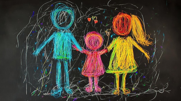 Photo chalk drawing of happy family on blackboard background