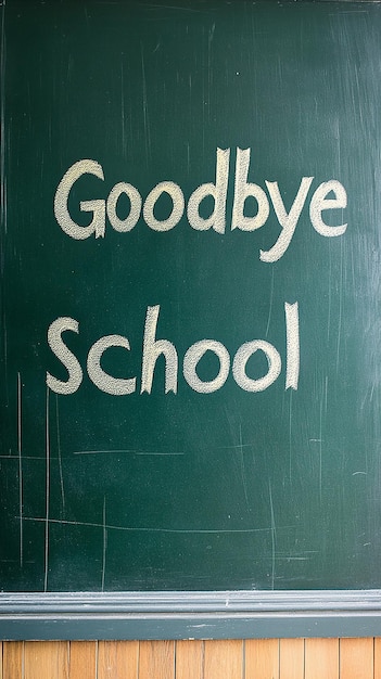 Photo chalk inscription goodbye school on a clean green board