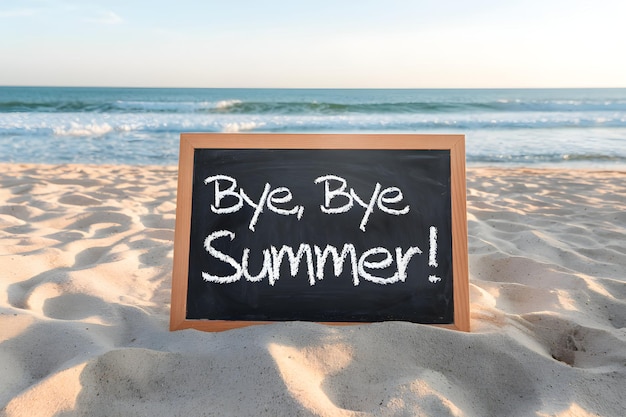 Photo chalkboard on beach with bye bye summer written in white chalk