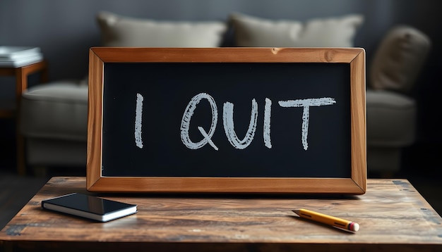 Chalkboard on coffee table with text handwritten I QUIT concept of decision making to stop