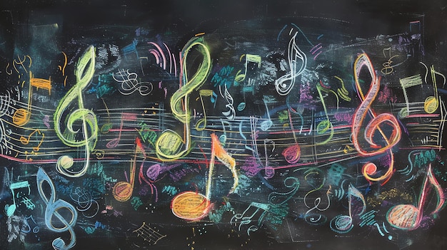 A chalkboard covered in colorful chalk drawings of musical notes