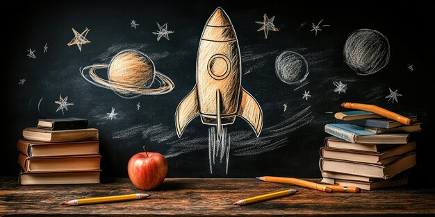 Photo chalkboard illustration of rocket in space