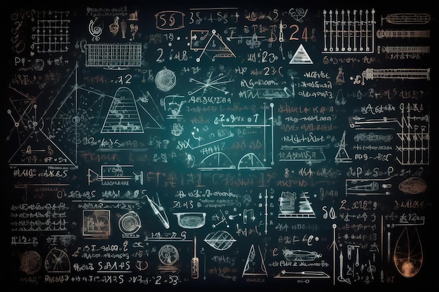 Chalkboard inscribed with scientific formulas and calculations in physics and mathematics