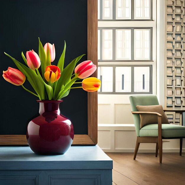 A chalkboard and other side a vase of various color tulips