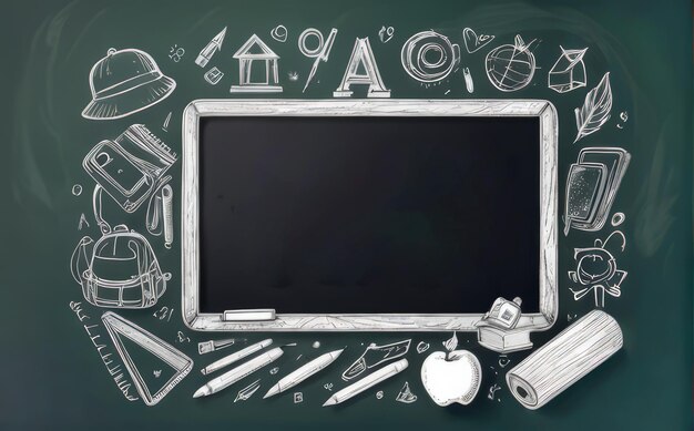 chalkboard with copy space drawings icons on a school theme