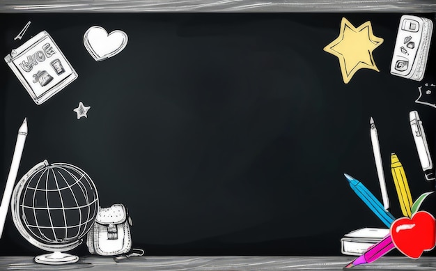 Photo chalkboard with copy space drawings icons on a school theme