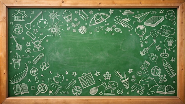 Chalkboard with Doodle Images of Books Stars House and More