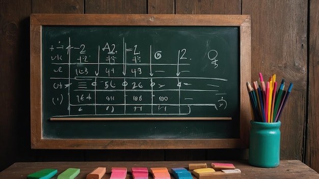 Photo a chalkboard with an eraser and colored chalks on a wooden frame