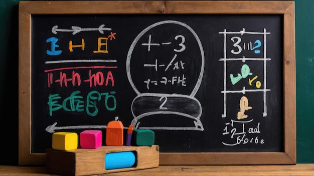 Photo a chalkboard with an eraser and colored chalks on a wooden frame