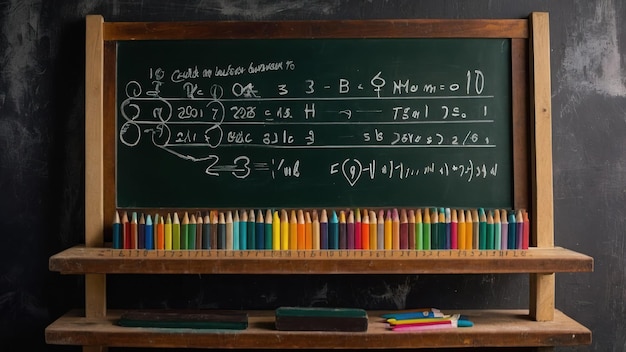 A chalkboard with an eraser and colored chalks on a wooden frame