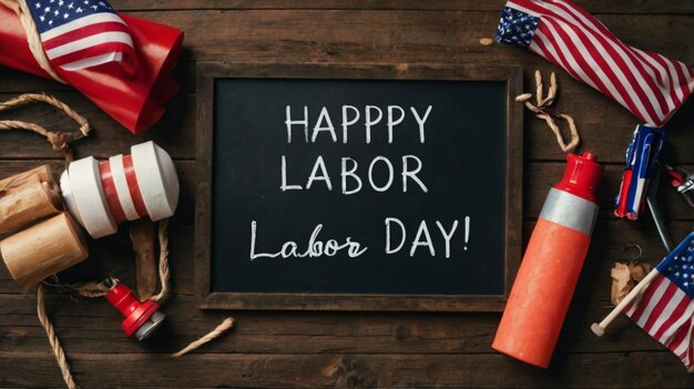 Photo a chalkboard with a flag and a message that says happy labor day