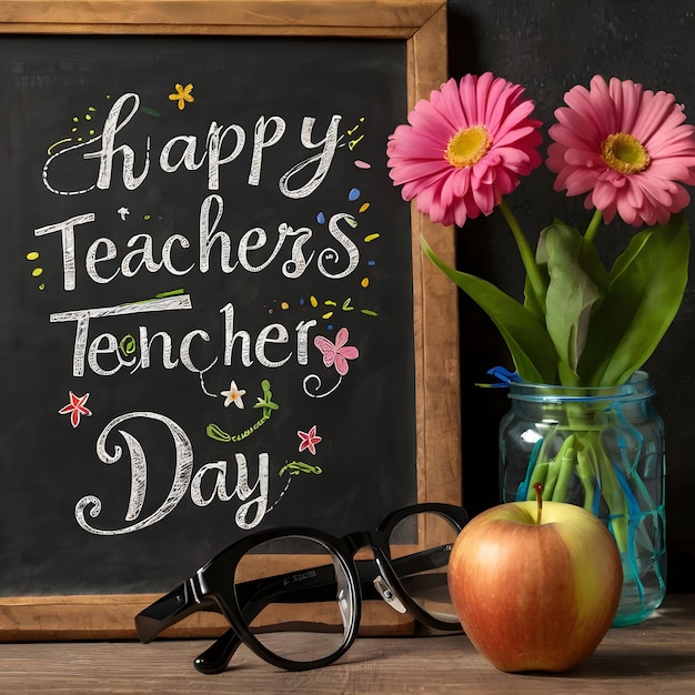 a chalkboard with flowers and a chalkboard with a chalkboard that says happy teachers