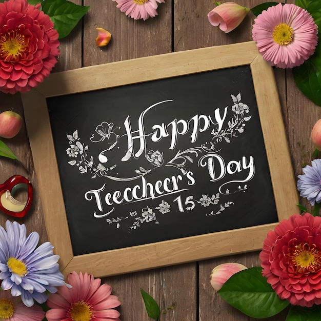 Photo a chalkboard with flowers and a frame that says teachers day