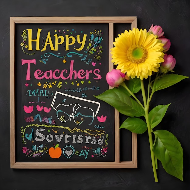 a chalkboard with flowers and a sunflower on it