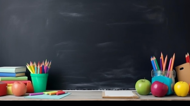 A chalkboard with a green apple and a green pencil on it.