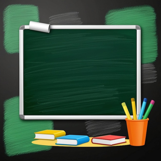 Photo a chalkboard with a green frame and colorful pencils